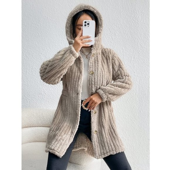 Khaki Button Front Hooded Teddy Coat - Picture 6 of 7